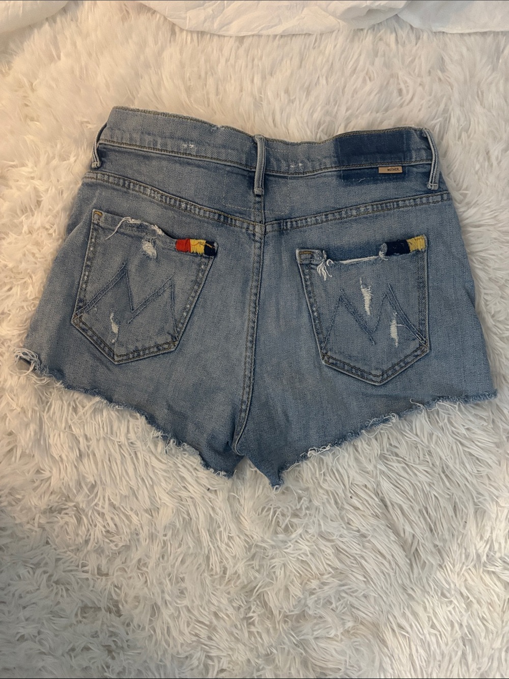 MOTHER Light Blue Denim Cutoff Shorts with Colorful Pocket Embroidery - Picture 6 of 13